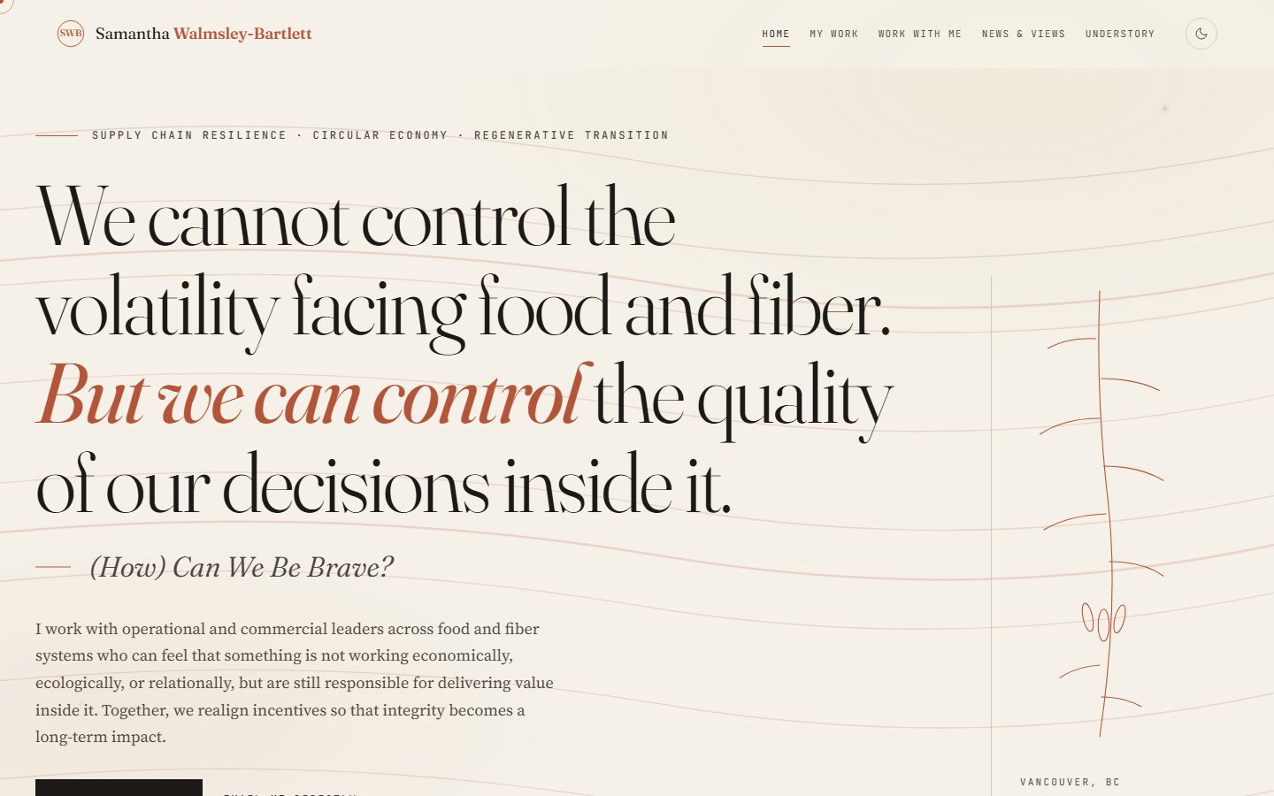 Homepage of samanthawb.com: an editorial serif headline on warm paper with a hand-drawn botanical line illustration